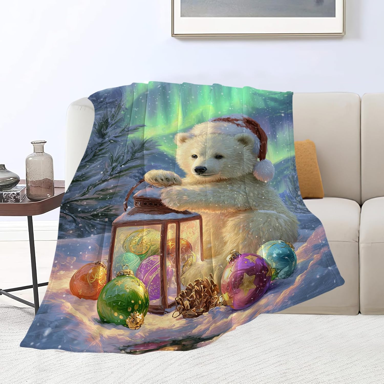 Christmas Polar Bear Blanket Winter Aurora Night Animal Throw Blankets Gifts for Girls Boys Kids White Bear Lover Soft Cozy Fleece Plush for Couch Sofa Bed 80"x60"