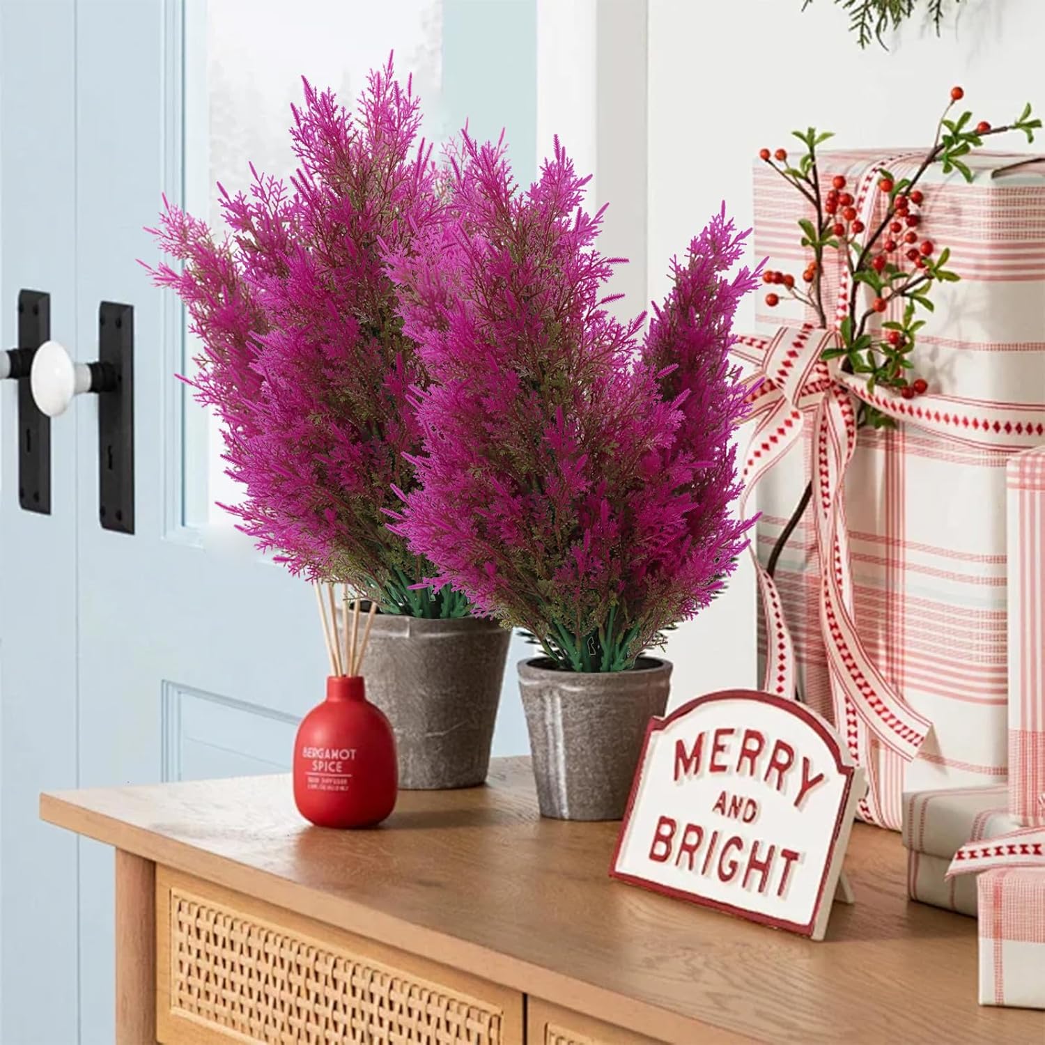 RECUTMS Artificial Pine Branches - Faux Evergreen Pine Leaves Fake Sprigs Christmas Stem Christmas Greenery Picks Decorations for Centerpieces Garland Wreath Craft DIY Home Kitchen Garden(Fuchsia)