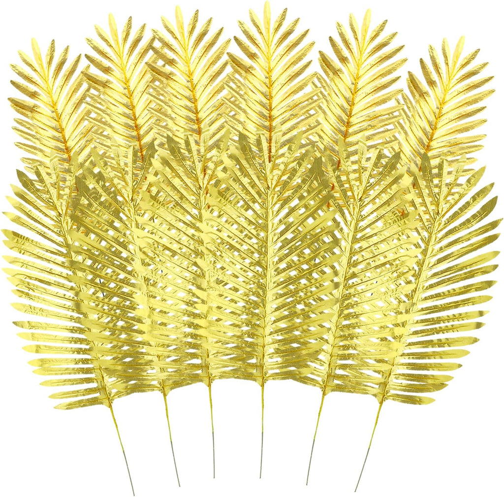 KIMOBER 12PCS Artificial Gold Palm Leaves,Large Golden Faux Tropical Palm Leaves Realistic Ferns Artificial Plants Leaf for Home Hawaiian Luau Party Jungle Beach Decorations
