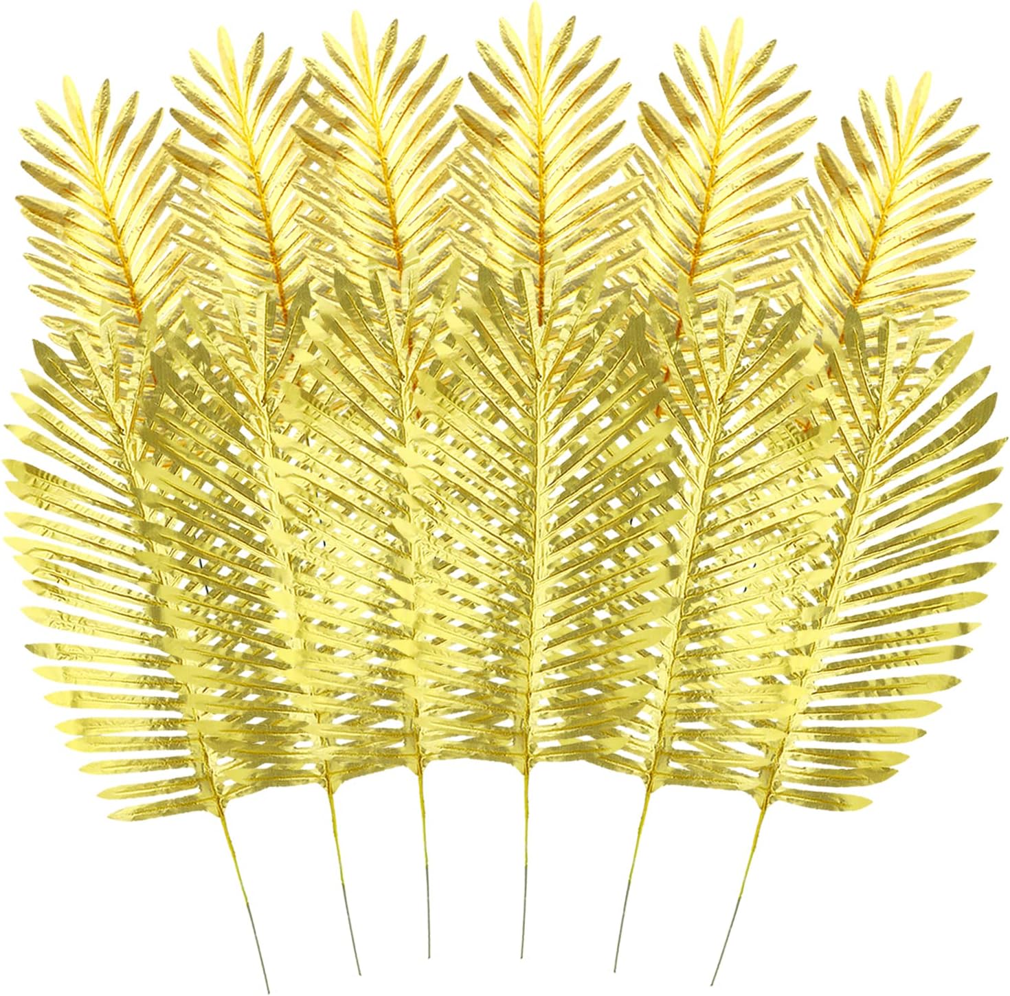KIMOBER 12PCS Artificial Gold Palm Leaves,Large Golden Faux Tropical Palm Leaves Realistic Ferns Artificial Plants Leaf for Home Hawaiian Luau Party Jungle Beach Decorations