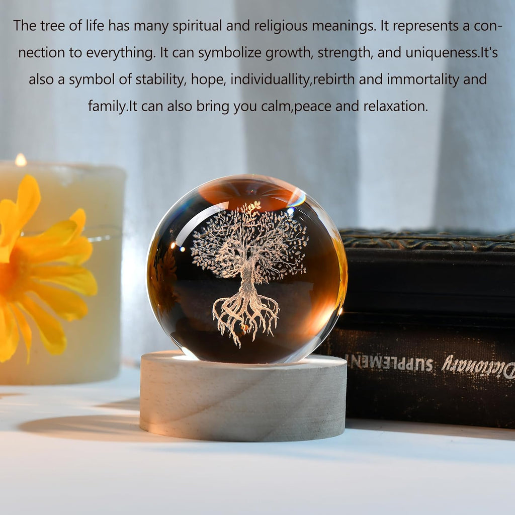 IFOLAINA Tree of Life Crystal Ball with Lighted Base Laser Engraved Glass Ball Tree of Life Night Light Decorative Globes 3D Crystal Plant Sphere Gifts for Her Birthday