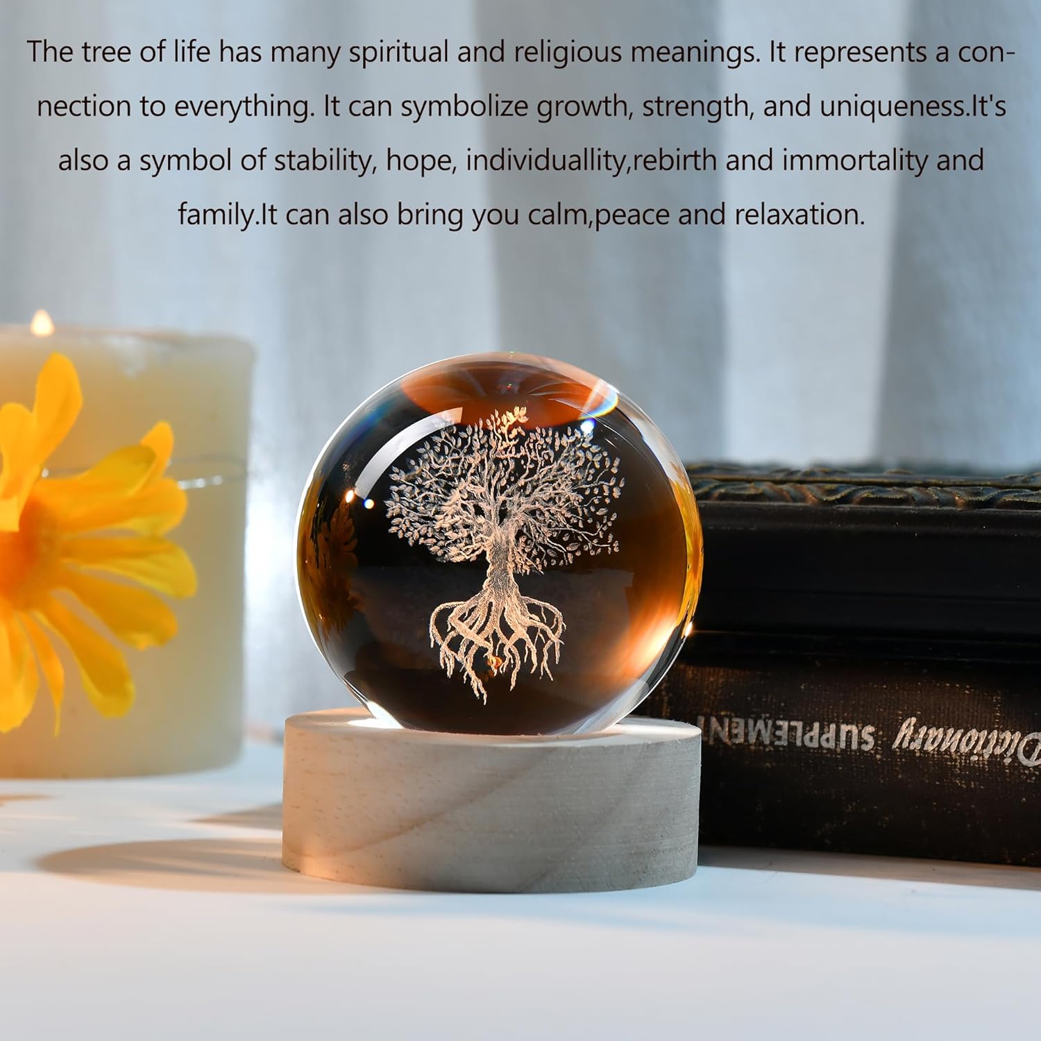 IFOLAINA Tree of Life Crystal Ball with Lighted Base Laser Engraved Glass Ball Tree of Life Night Light Decorative Globes 3D Crystal Plant Sphere Gifts for Her Birthday