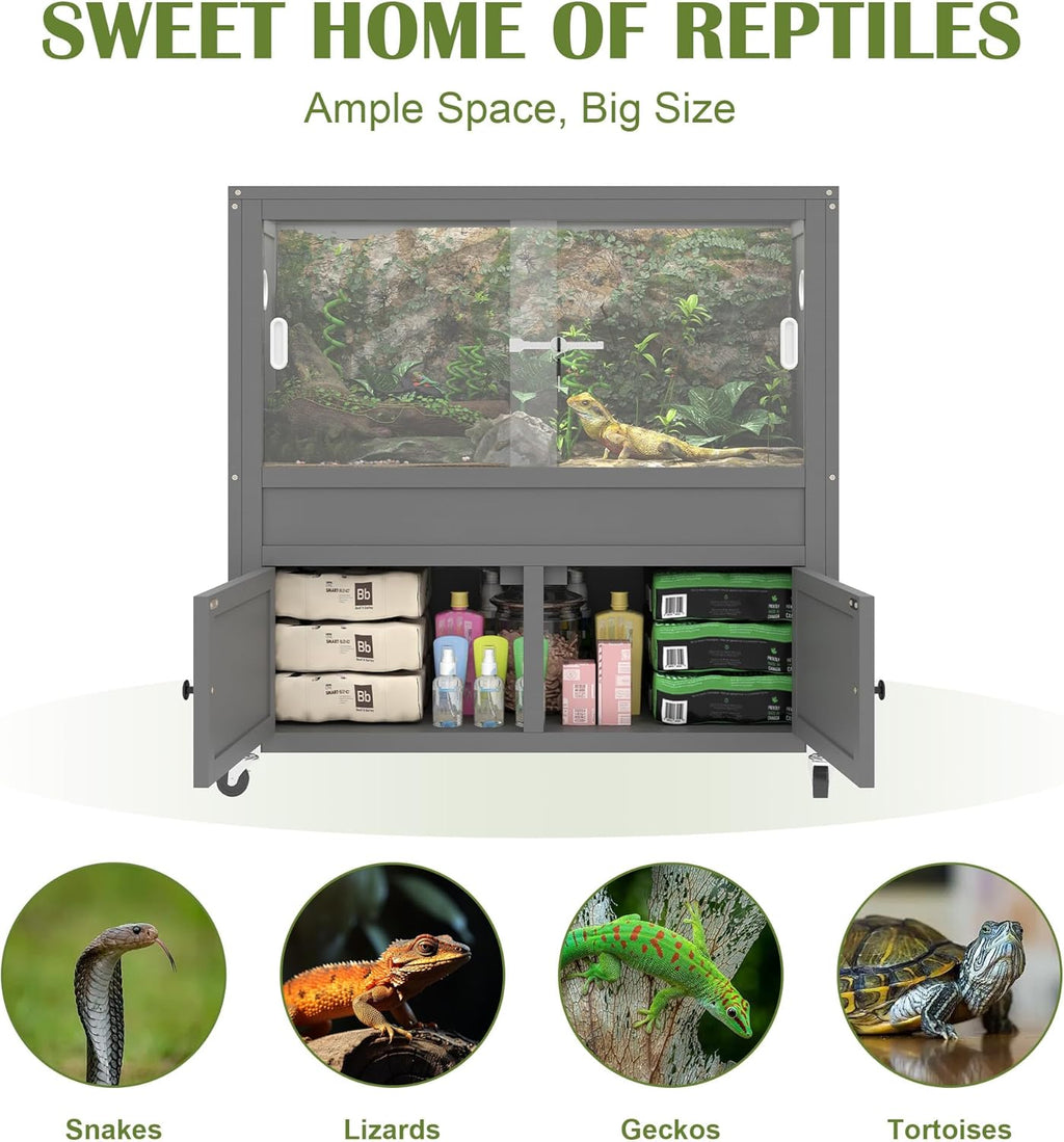 40 Gallon Reptile Tank with Stand,Wooden Bearded Dragon Tank with Large Storage Cabinet,Reptile Enclosure with Lock and Wheels,Snake Tank Also Fit for Lizards,Geckos