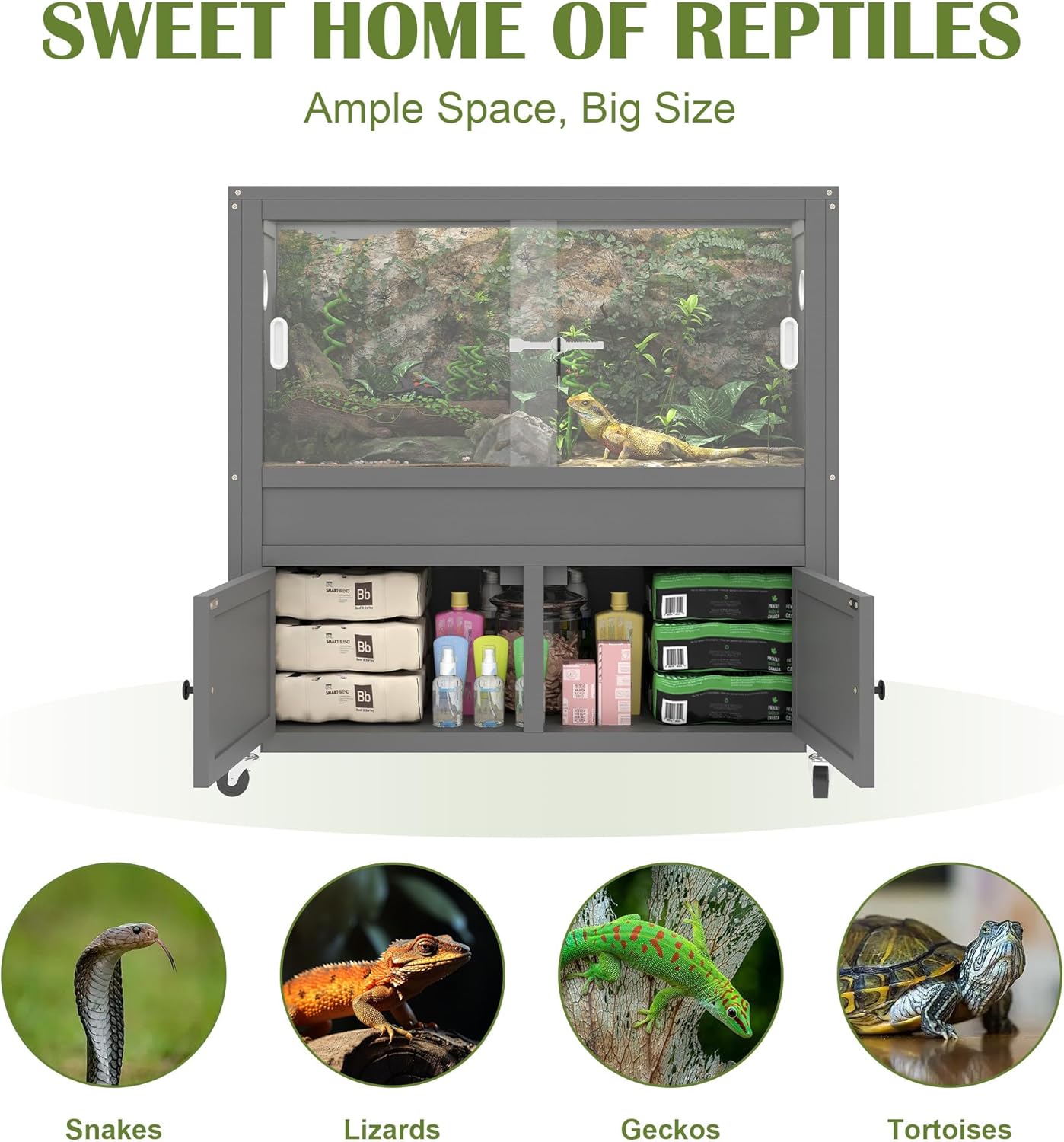 40 Gallon Reptile Tank with Stand,Wooden Bearded Dragon Tank with Large Storage Cabinet,Reptile Enclosure with Lock and Wheels,Snake Tank Also Fit for Lizards,Geckos