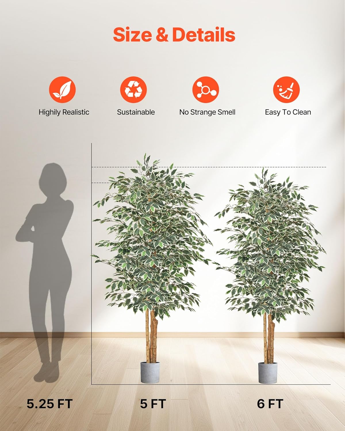 VEVOR 6FT Artificial Ficus Tree with Black Pot, Tall Faux Ficus Plant with Natural Wood Trunk and Realistic Green Leaves, Indoor Fake Silk Tree for Home, Office, Living Room, or Corner Décor