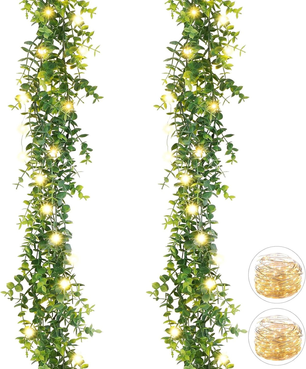 Artflower 2 Pack Artificial Eucalyptus Garland with Lights, 5.9Ft/pcs Faux Eucalyptus Vines Greenery Garland Fake Eucalyptus Plant for Wedding Backdrop Arch Wall Decor, Grey Green