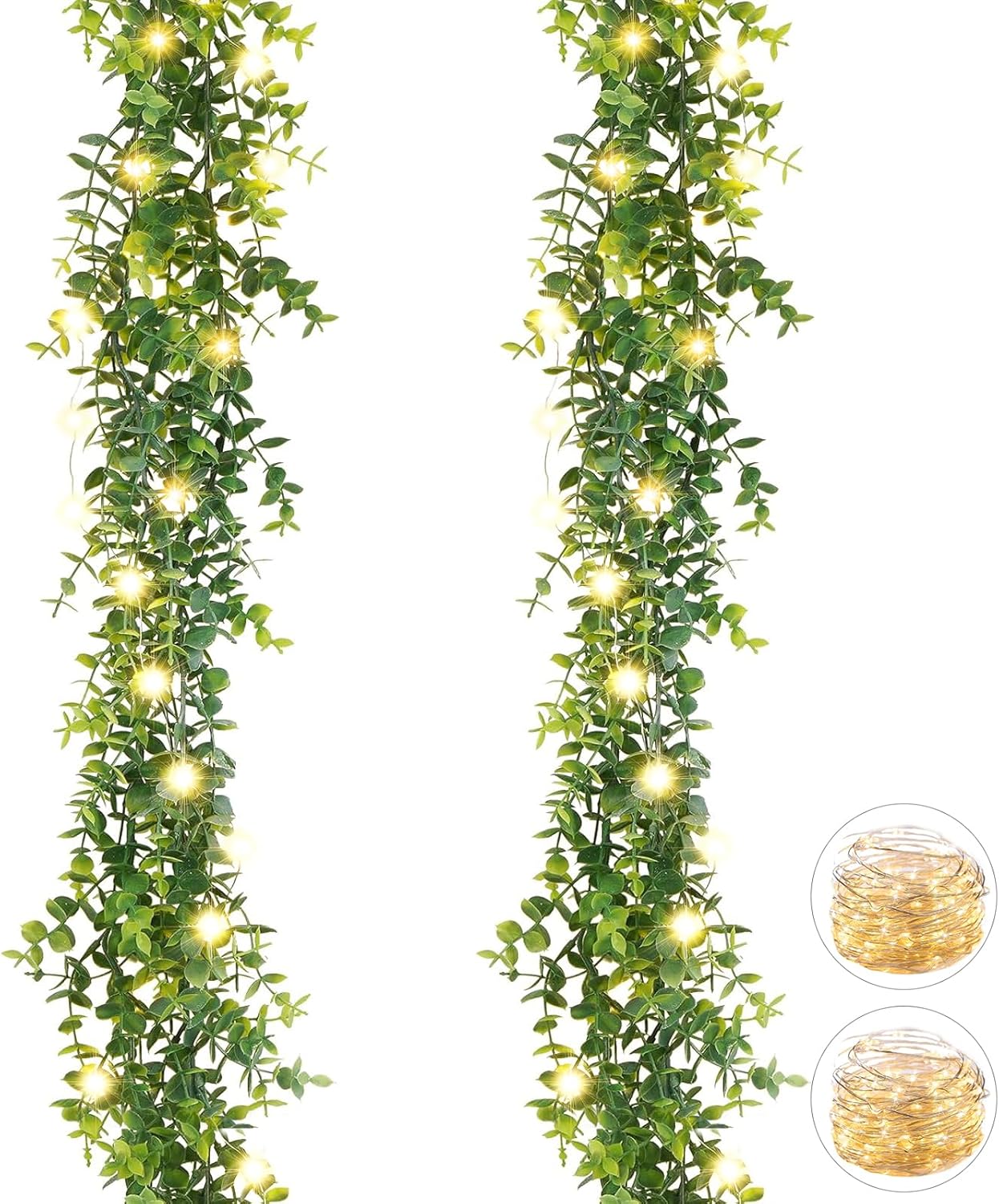 Artflower 2 Pack Artificial Eucalyptus Garland with Lights, 5.9Ft/pcs Faux Eucalyptus Vines Greenery Garland Fake Eucalyptus Plant for Wedding Backdrop Arch Wall Decor, Grey Green