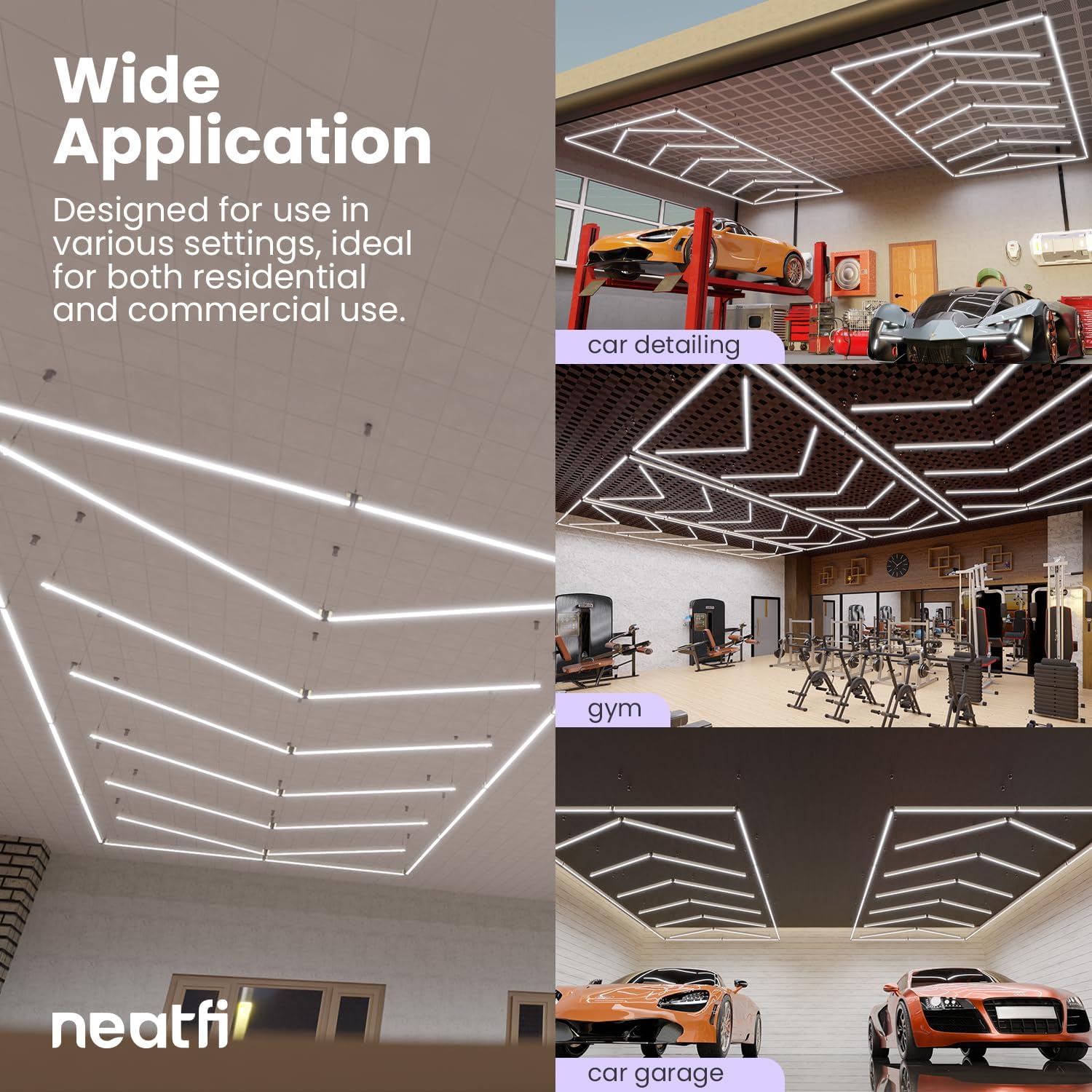 Neatfi 384W LED Garage Light, 42,240 Lumens, 6500K, IP54 Waterproof Ceiling Light for Shops, Car Detailing, Workshops, Gyms, Warehouses, Barber & Beauty Salons (Cool White, 6 Arrows with Hanging Kit)