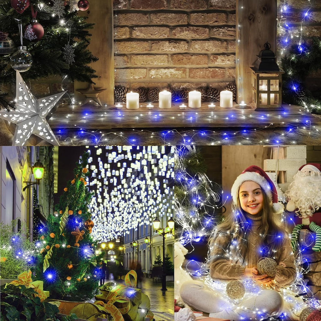LAMPHOME Fairy Lights Plug in, 33Ft 100 LEDs Waterproof Twinkle Firefly Lights, Adaptor Included, Starry String Lights for Wedding Indoor Outdoor Christmas Patio Garden Decoration, Blue and White