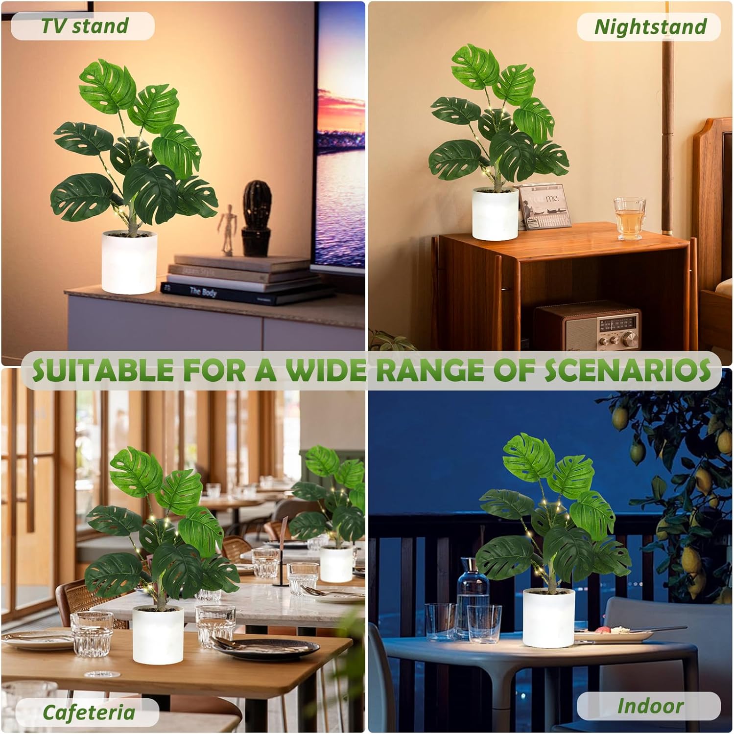 RECUTMS Fake Plants Tall 18In with Light Artificial Monstera Plant Potted Tropical Palm Tree in White Pot Faux Potted Greenery for Indoor Home Office Table Living Room Balcony Porch Outdoor Decor