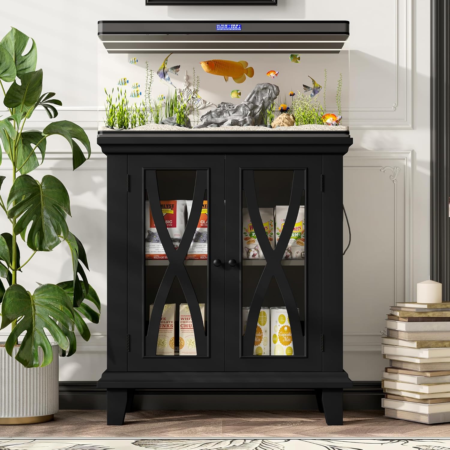 20 Gallon Fish Tank Stand with Power Outlets, Farmhouse Aquarium Stand with Cabinet Storage and Adjustable Shelves for Fish Tank, Reptile Terrarium, 298LBS Capacity, Black