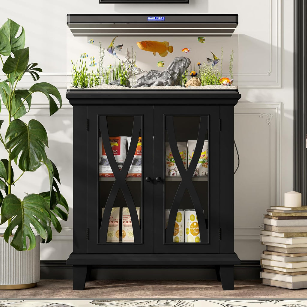 20 Gallon Fish Tank Stand with Power Outlets, Farmhouse Wood Aquarium Stand Furniture with Storage Cabinet and Adjustable Shelves, Reptile Turtle Tank, Black