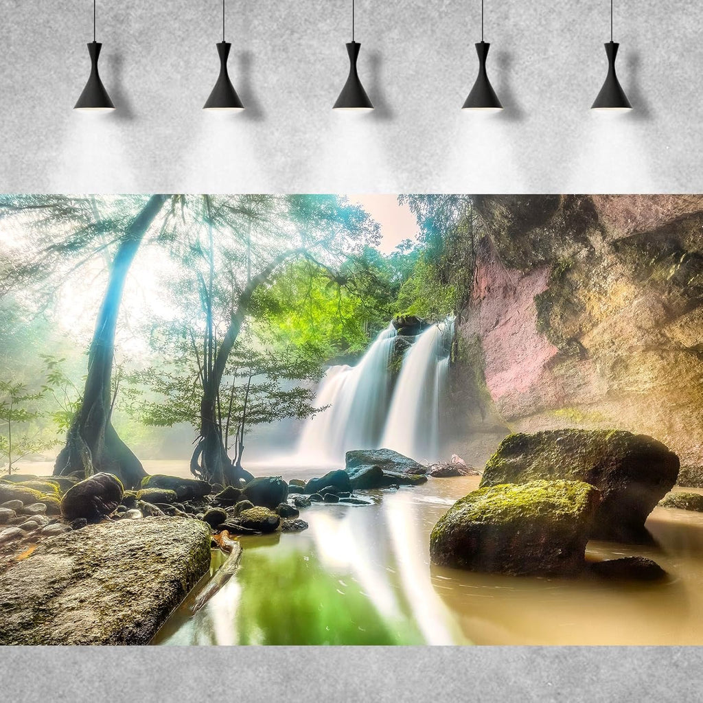 Waterfall Aquarium Background Jungle Rainforest Natural Landscape Terrarium Background Jungle Style Tranquil Stream Fish Tank Background Fall Forest Sunbeams Reptile Background Vinyl 48x18in