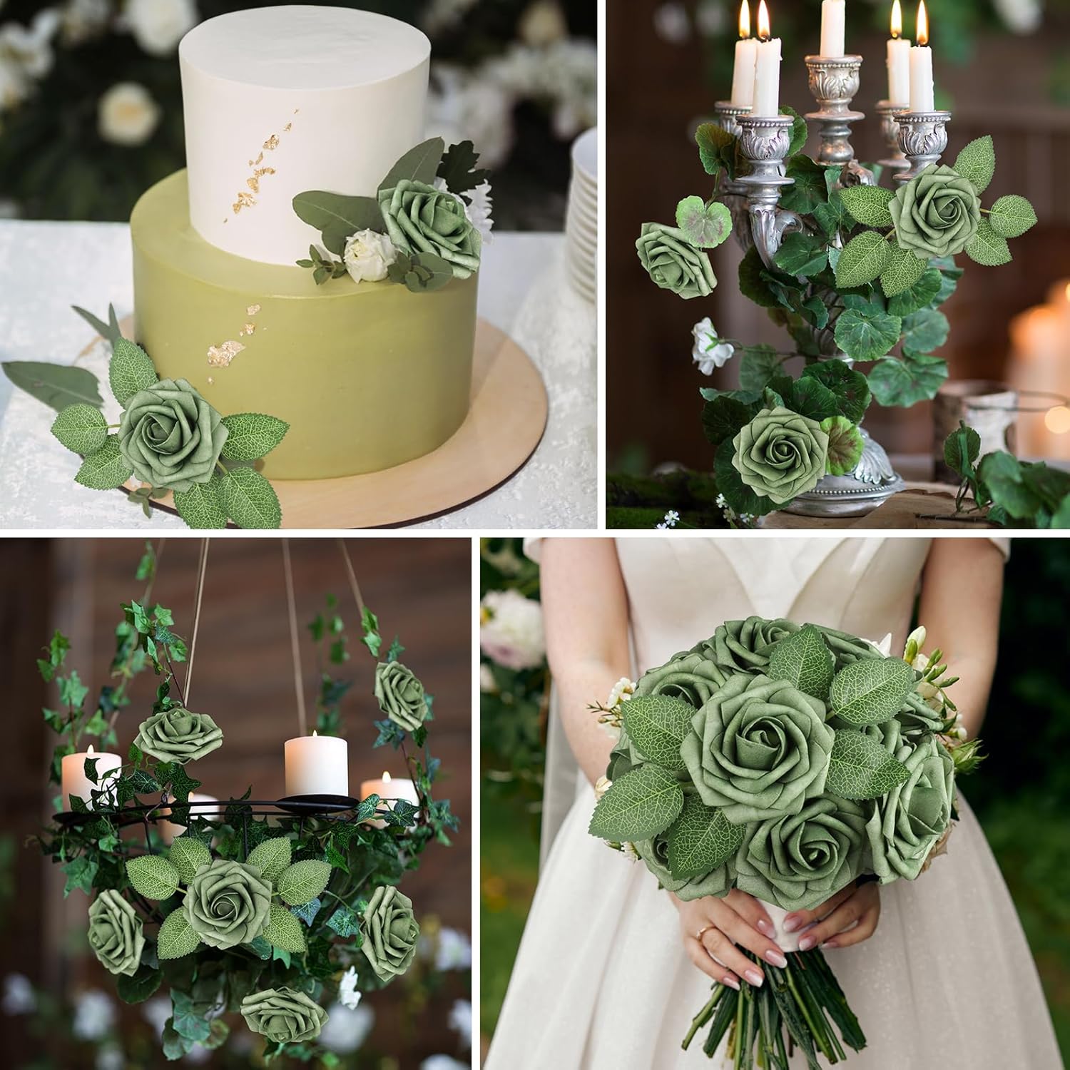 AmyHomie Artificial Flowers Green Rose 25pcs Real Looking Fake Roses w/Stem for DIY Wedding Bouquets Centerpieces Arrangements Party Baby Shower Valentines Day Christmas Tree Decorations