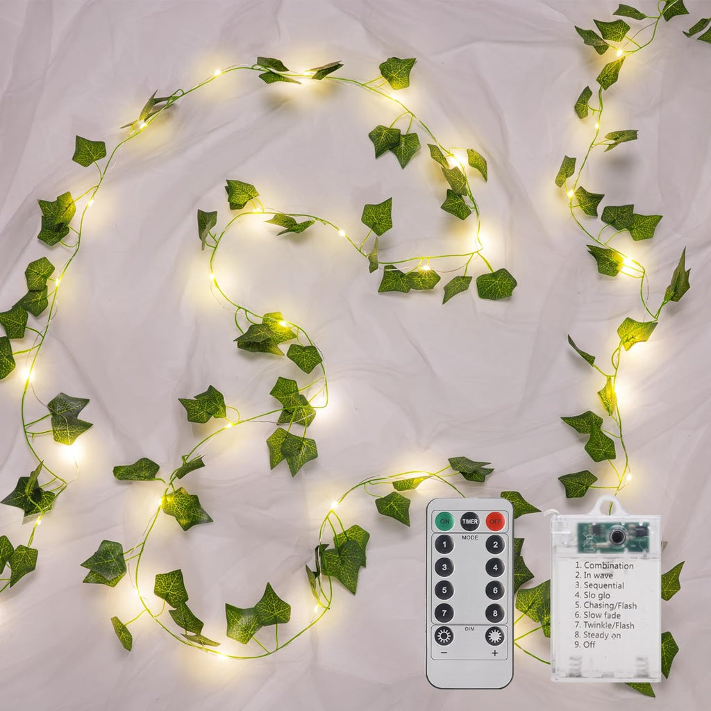 Indoor String Lights, 33ft Artificial Vine with 100 LED Fairy Lights, Battery Operated, Remote Control, 8 Lighting Modes, Green Leaf Decor