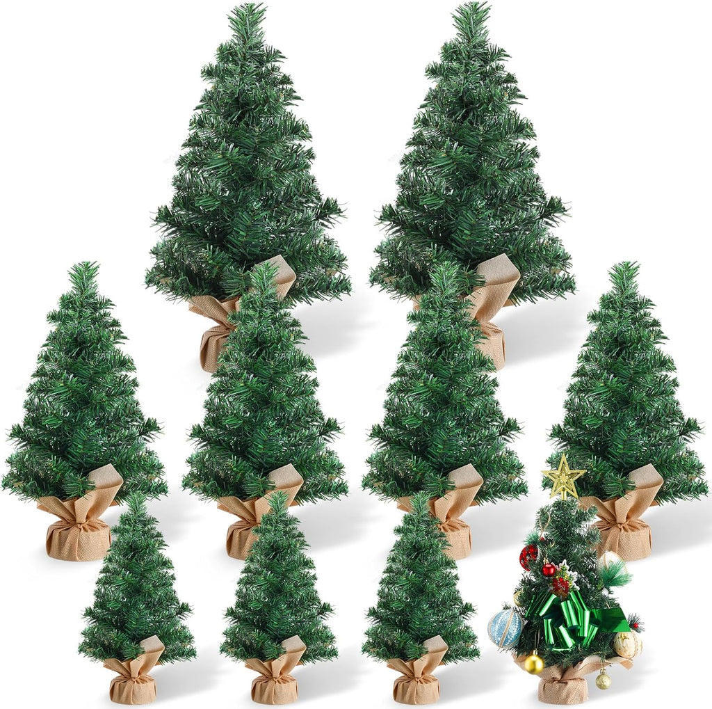 Libima 10 Pieces Tabletop Mini Christmas Tree 15.7" 11.8" 7.9" Artificial Green Xmas Pine Tree Christmas Decorations for Home Miniature Trees with Linen Base for Dining Kitchen Desk Home