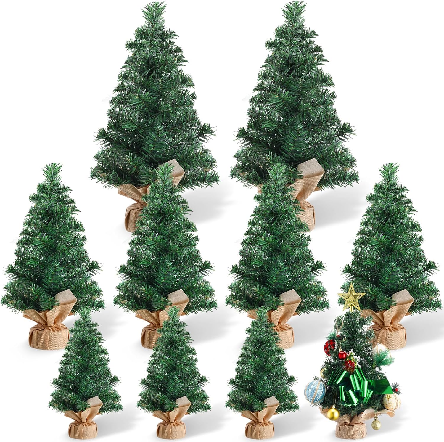 Libima 10 Pieces Tabletop Mini Christmas Tree 15.7" 11.8" 7.9" Artificial Green Xmas Pine Tree Christmas Decorations for Home Miniature Trees with Linen Base for Dining Kitchen Desk Home