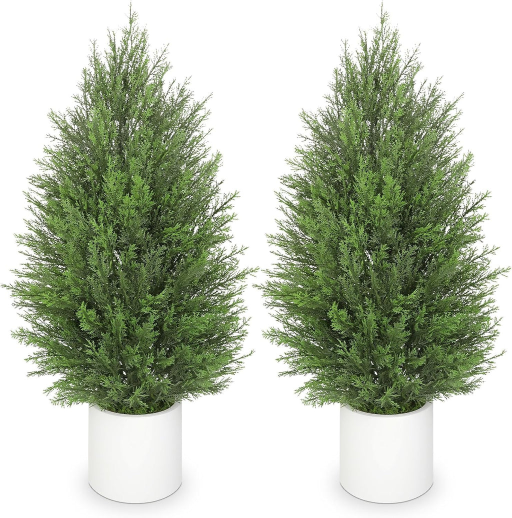 Briful 2PCS 3ft Artificial Cedar Topiary Trees in White Planter – Compact Faux Evergreen Potted Plants with Dense Realistic Layered Leaves, Lifelike Fake Cypress Trees for Home, Office, Patio, Porch