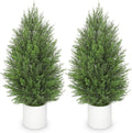 Briful 2PCS 3ft Artificial Cedar Topiary Trees in White Planter – Compact Faux Evergreen Potted Plants with Dense Realistic Layered Leaves, Lifelike Fake Cypress Trees for Home, Office, Patio, Porch