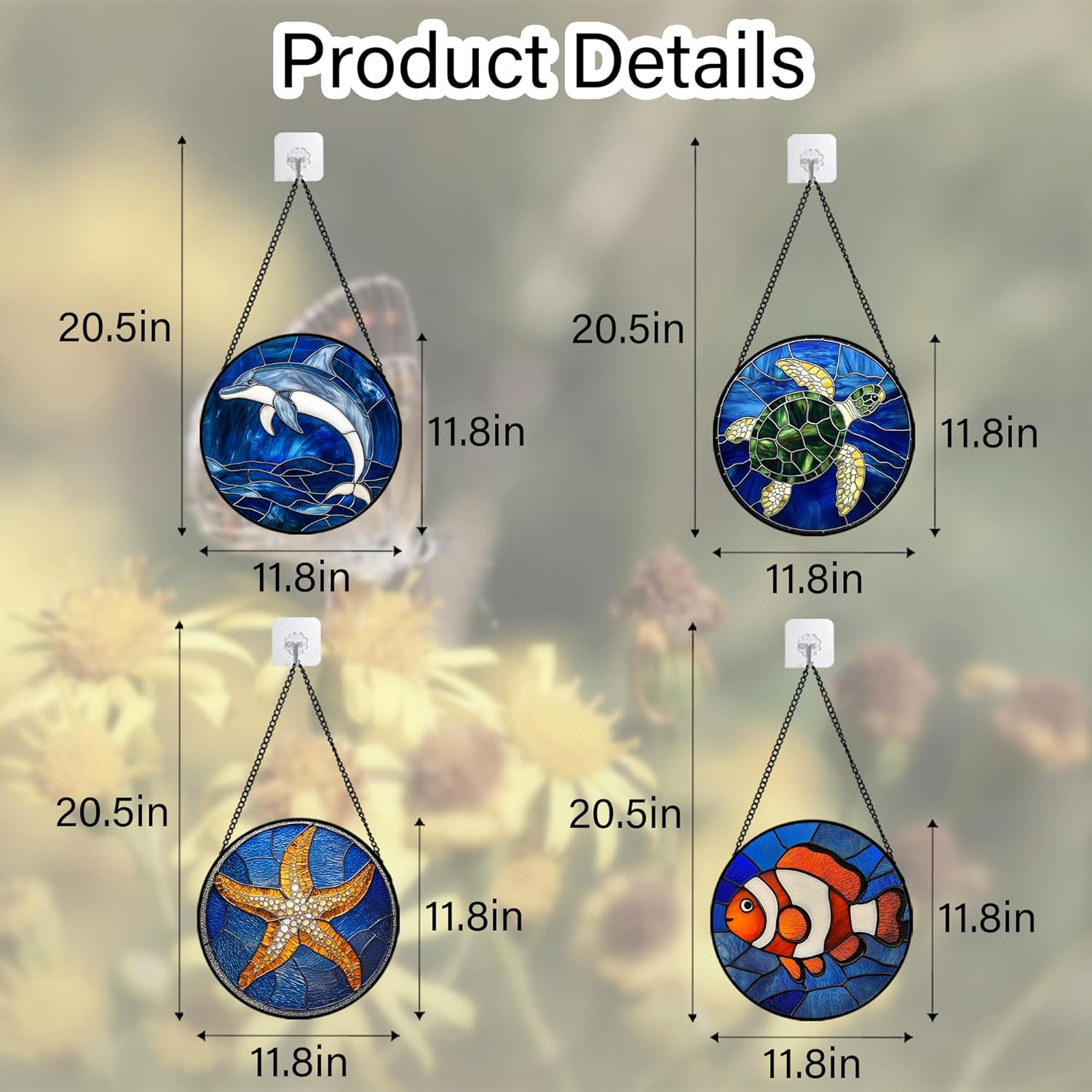 Stained Glass Window Hanging 4 Pcs Set Blue Ocean Turtle Dolphin Large 11.8" - Marine Life Suncatcher Garden Sun Catcher Decor Birthday Mother's Day for Mom Woman Nana Men