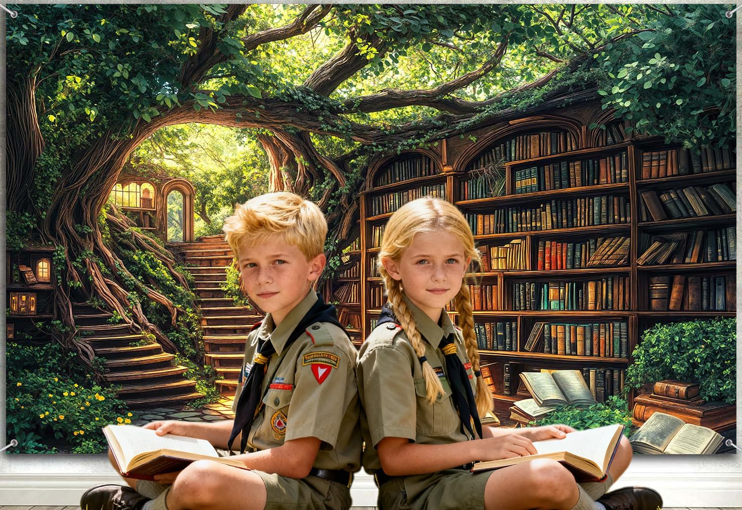 12X10ft Forest Fairy Enchanted Library Backdrop Magical Woodland Bookshelf Green Garden for Photography Magic Nature Party Birthday Baby Shower Photo Shoots Decor Props