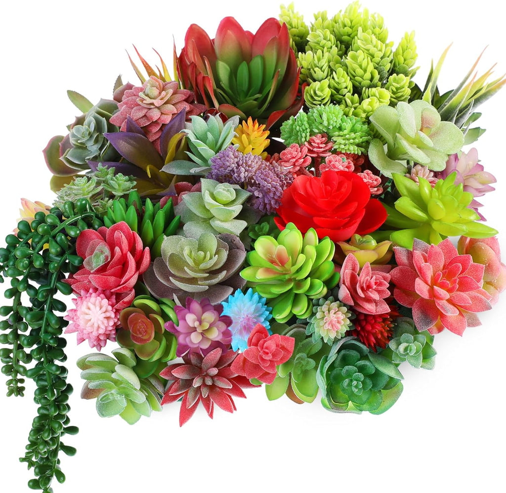 WILLBOND 50 Pcs 50 Pcs Bulk Mini Artificial Succulents Plants Assorted Unpotted Realistic Plants Fake Textured Succulent Picks Realistic Plastic Cactus Stems for Garden Home Decor (Large Style)