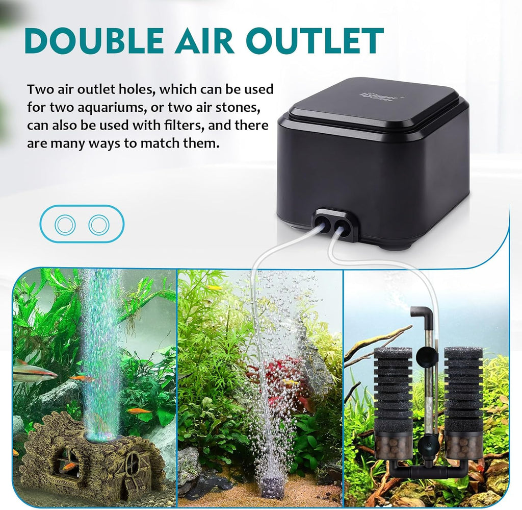 hygger Quietest Aquarium Air Pump, Adjustable Oxygen Pump 2 Air Outlets Ultra Silent Powerful Aerator Pump (3.5W,Up to 120Gallon)