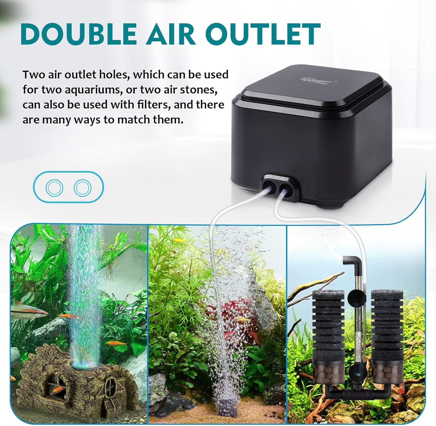 hygger Quietest Aquarium Air Pump, Adjustable Oxygen Pump 2 Air Outlets Ultra Silent Powerful Aerator Pump (3.5W,Up to 120Gallon)