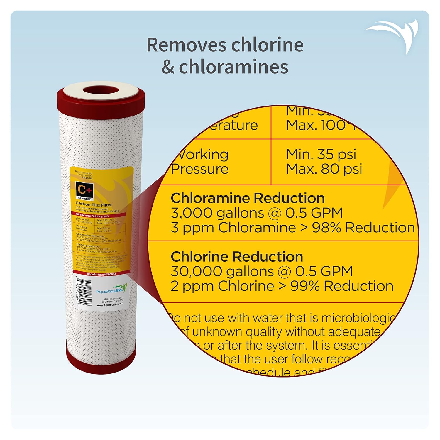 AQUATICLIFE Carbon Plus Carbon Block Water Filter 10x2.5 and 10-inch Water Filter Housing Canister for Reverse Osmosis Filtration Systems RO and RODI Units, for Chlorine Chloramine Reduction