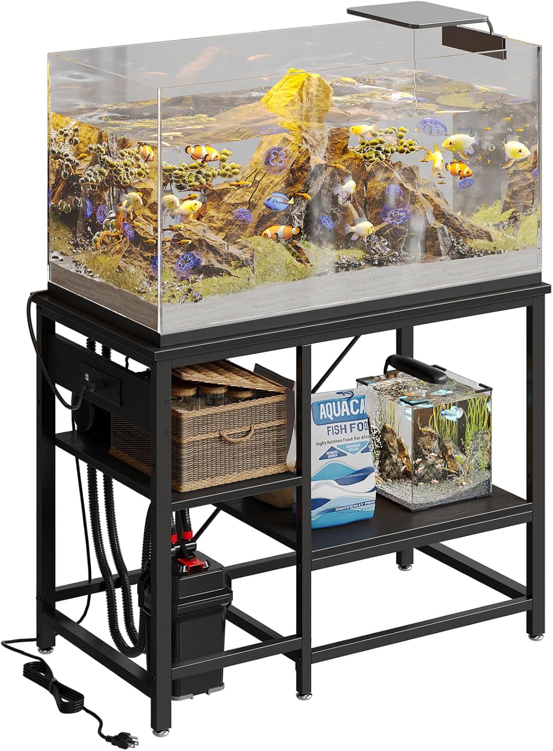 Bestier 40-50 Gallon Fish Tank Stand with Power Outlet, 36x19 Metal Aquarium Stand, 6-Leg Reptile Tank Stand with 3-Tier Adjustable Storage Shelves, 660LBS Capacity, Black Oak