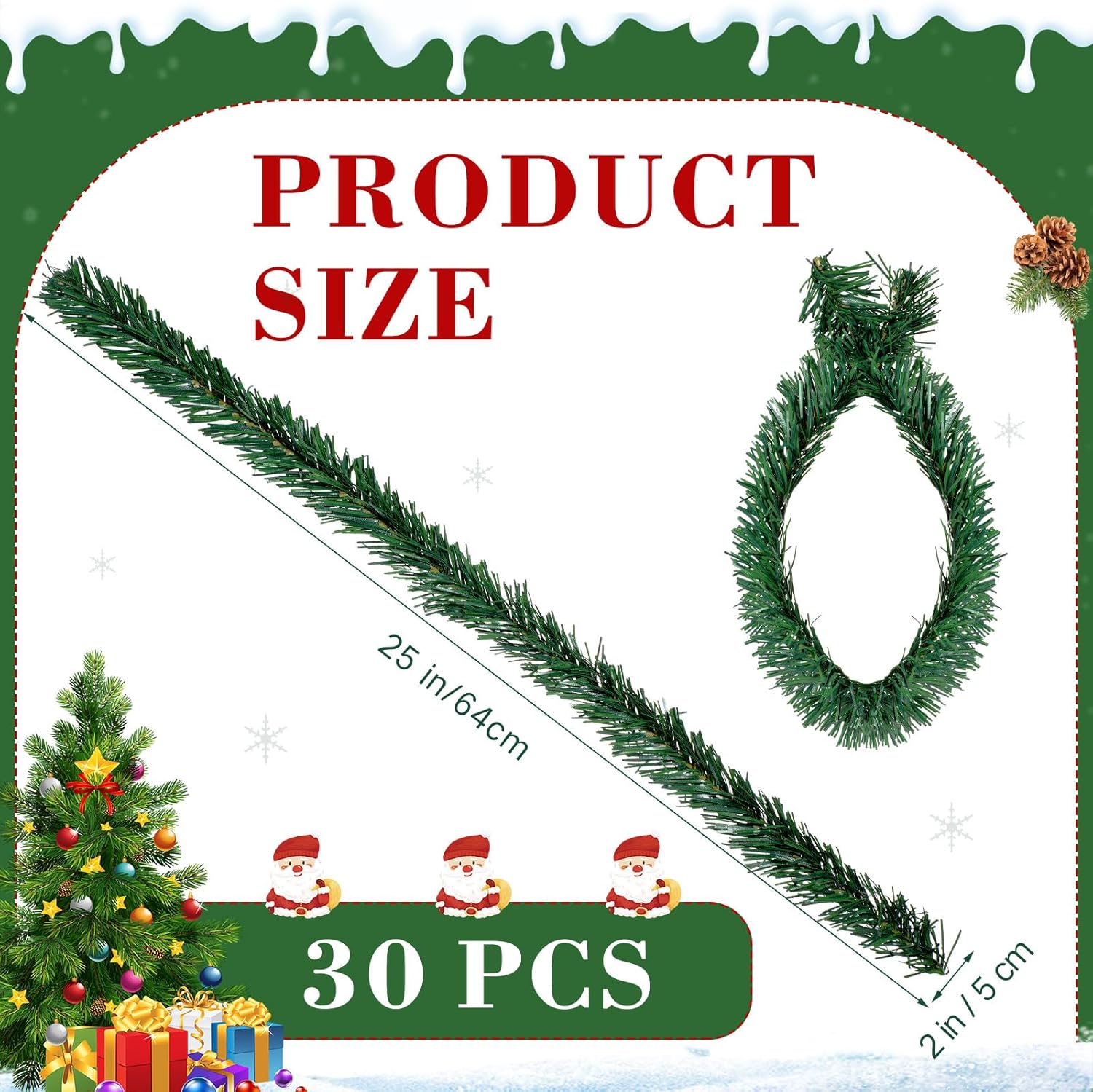 Zhengmy 30 Pcs 25 Inch Christmas Garland Ties Artificial Pine Needles Flexible Pine Stems Twist Wired Tree Branches for Christmas Stairs Railing Banister DIY Craft Gift Wrapping