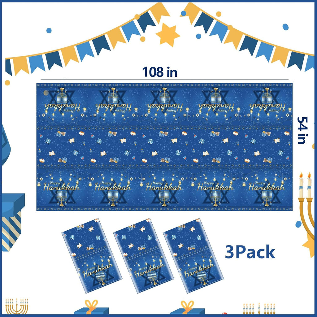 3Pcs Hanukkah Tablecloth Rectangle Plastic Jewish Chanukah Party Table Cover Hanukkah Theme Decorations for Jewish Festival Holiday Party Supplies 54x108 inch