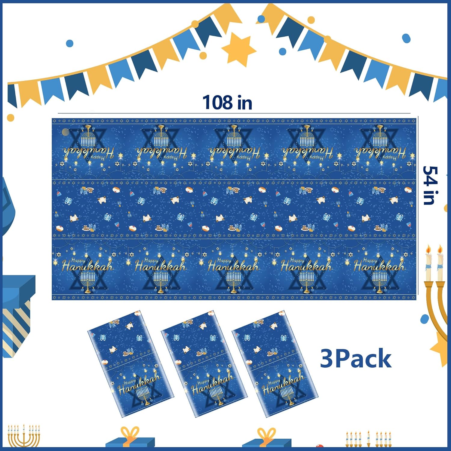 3Pcs Hanukkah Tablecloth Rectangle Plastic Jewish Chanukah Party Table Cover Hanukkah Theme Decorations for Jewish Festival Holiday Party Supplies 54x108 inch