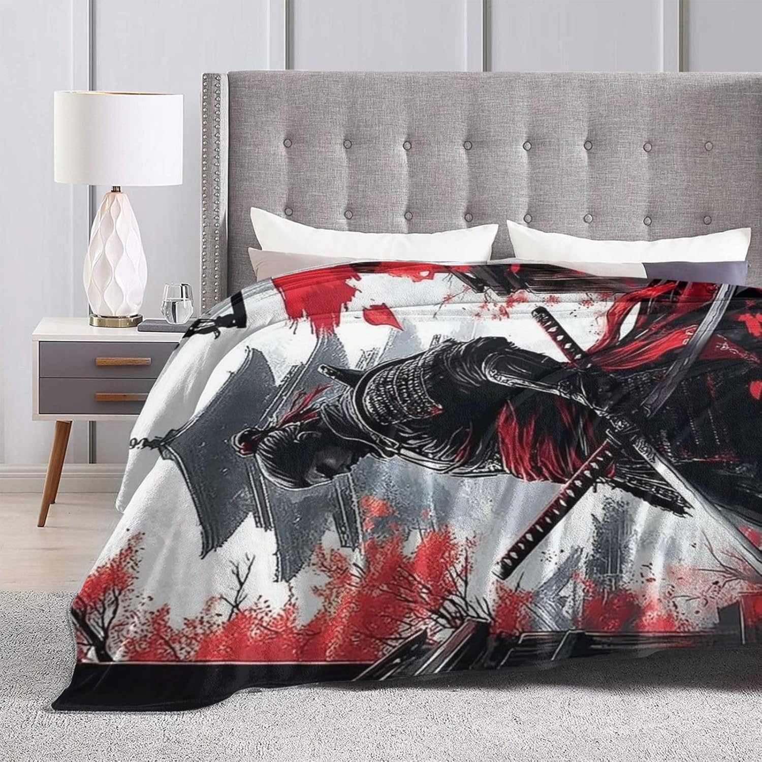 Japanese Blanket Samurai Throw Blanket Warrior Flannel Stuff Merch Cozy Decor Fleece Plush Fuzzy Warm Soft Lightweight Bedding Japan Gifts for Girls Women Men Boy Couch Sofa 50"X40"