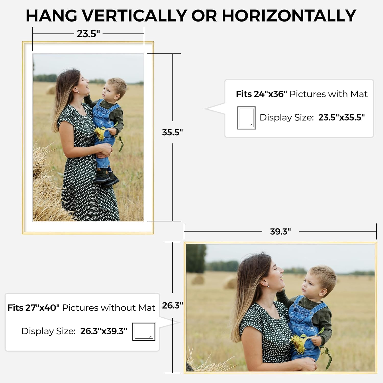 RICHFOCUS Aluminum Picture Frame - 27x40 Gold Metal Frame with Mat for 24x36 Photo, Floating Frame with Tempered Glass - Poster Frame Wall Hook Included for Gallery Wall