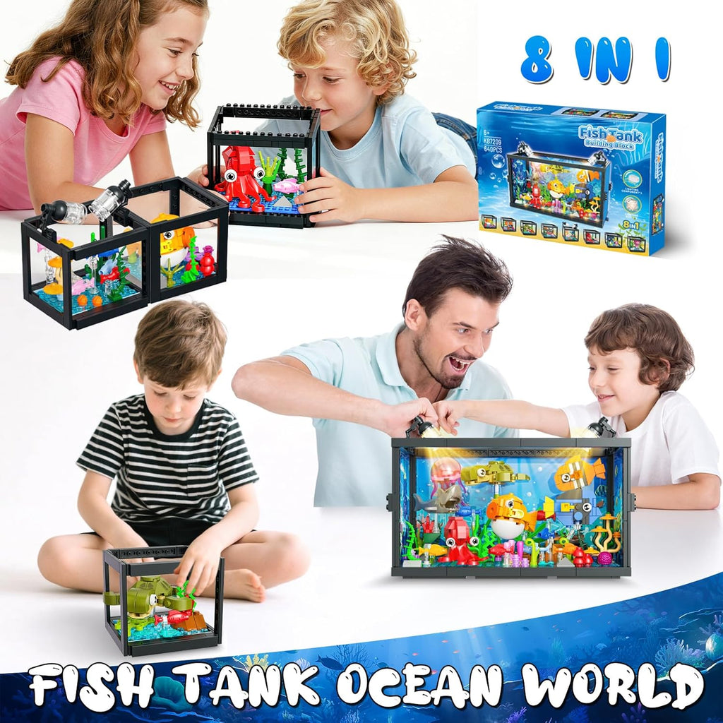 8 in 1 Aquarium Building Sets with Light, Compatible with Lego Fish Tank Building Kits Including Sharks, Turtles, Octopus, Sea Animal Party Favor Toys for Boys Girls Kids Aged 8-12, 640PCS
