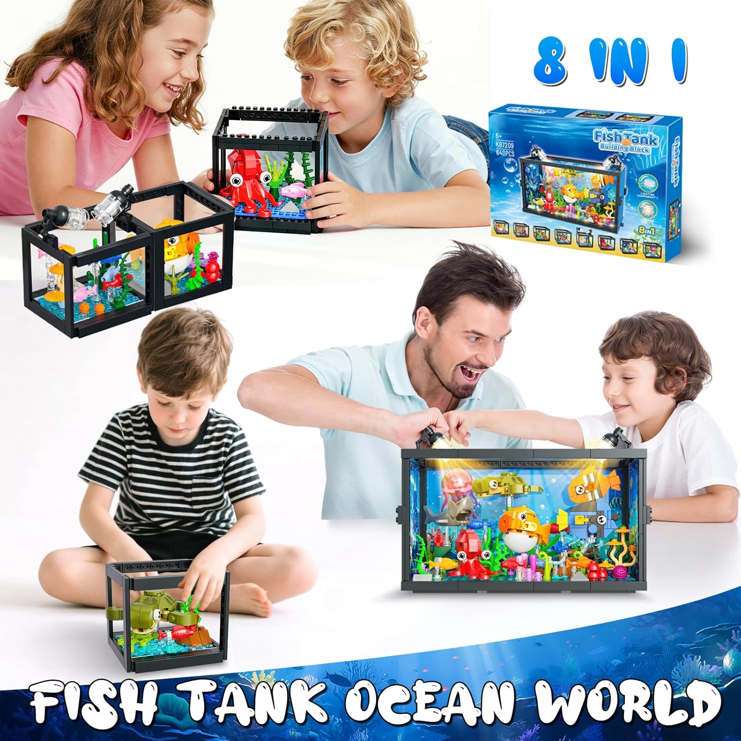 8 in 1 Aquarium Building Sets with Light, Compatible with Lego Fish Tank Building Kits Including Sharks, Turtles, Octopus, Sea Animal Party Favor Toys for Boys Girls Kids Aged 8-12, 640PCS
