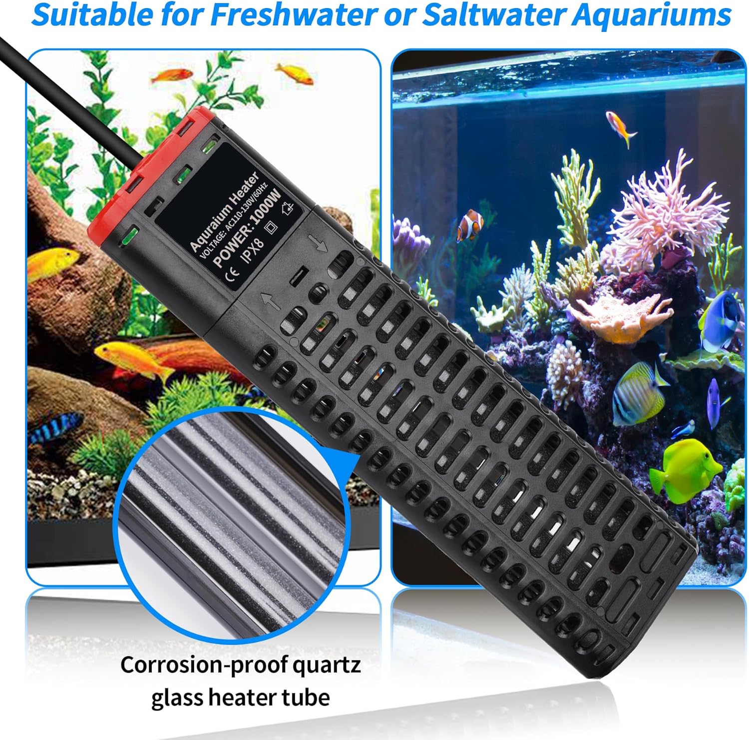 Aquarium Heater 1000W Submersible Fish Tank Heater with Double Quartz Tubes and LED Display Temperature Controller for 150-300 Gallon, Suitable for Saltwater and Freshwater