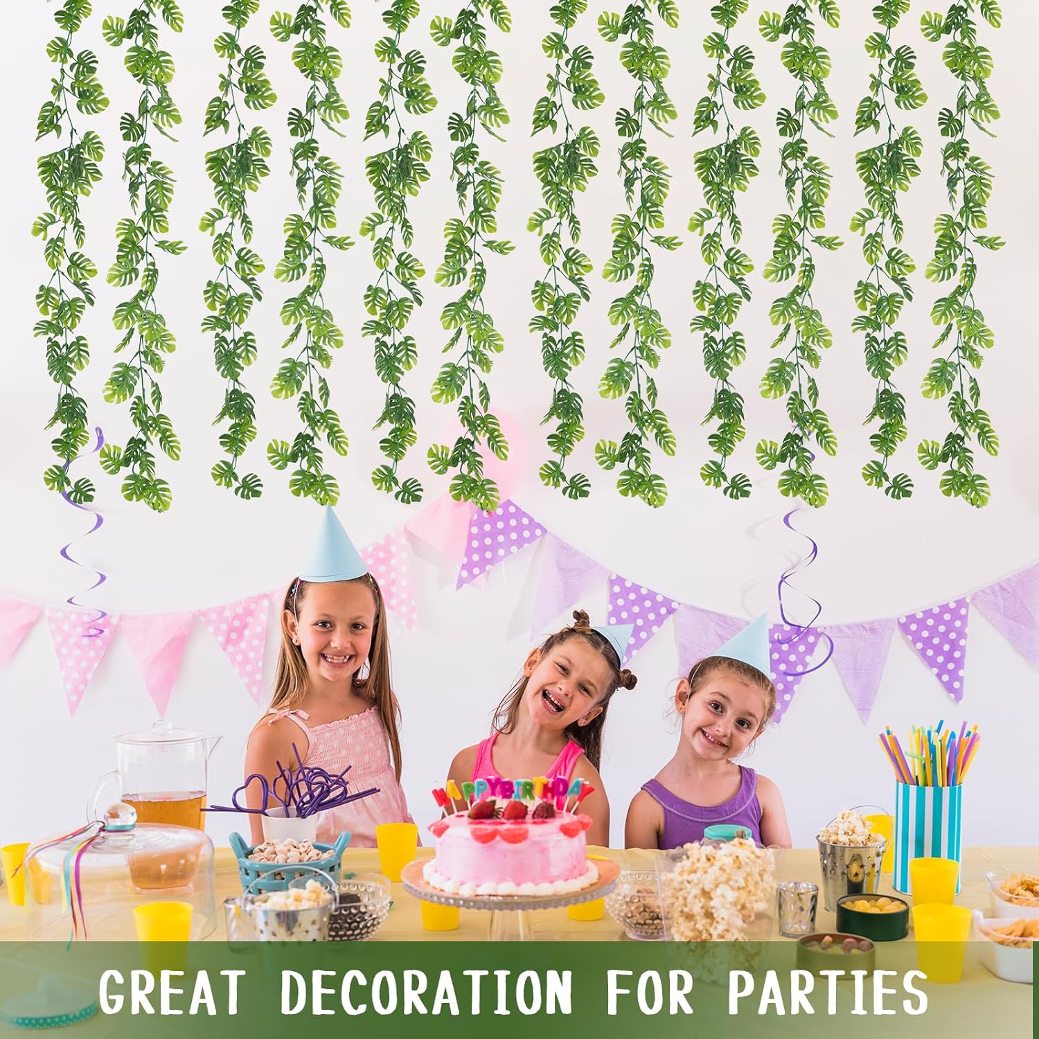 Dolicer 4Pcs Artificial Monstera Leaf Vines, 5.6Ft Fake Hanging Greenery Plants Tropical Palm Leaves Ivy Vine Monstera Garland for Home Garden Porch Patio Hawaiian Party Indoor Outdoor Décor