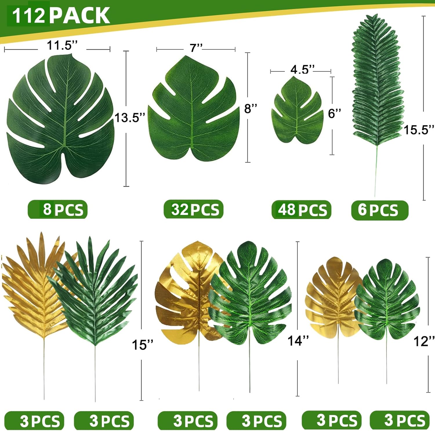 112 Pieces 10 Kinds Artificial Palm Leaves Golden Tropical Leaves with Stems Jungle Leaves Decorations for Hawaiian Luau Party Beach Baby Shower Wedding Birthday