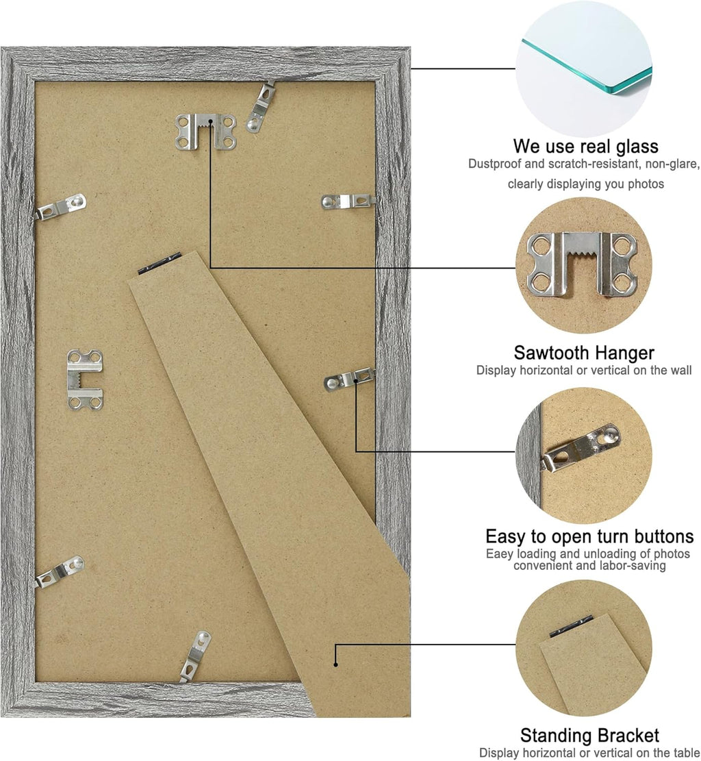 8x14 Picture Frame Set of 2, Rustic Grey Wood Frame with Glass Collage Frame, Display Pictures 3-4x6 With Mat or 8 x 14 Without Mat - Horizontal or Vertical Wall Mounting