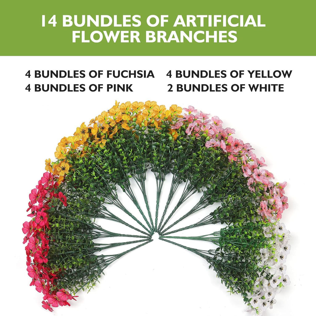 14 Bundles Artificial Flowers UV Resistant for Patio Outdoors Fake Faux Silk Plants Realistic Plastic Flowers Indoors Porch Window Home Decoration (14, Mixed Fuchsia Yellow Pink White)