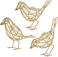 Artisan Bird Statues Trio - Christmas Ornament - Table Decor Handmade Gold-Wire Woven - Modern Farmhouse Shelf Decor with Hanging Chain, Multi-Pose Metal Bird Figurines for Home Office