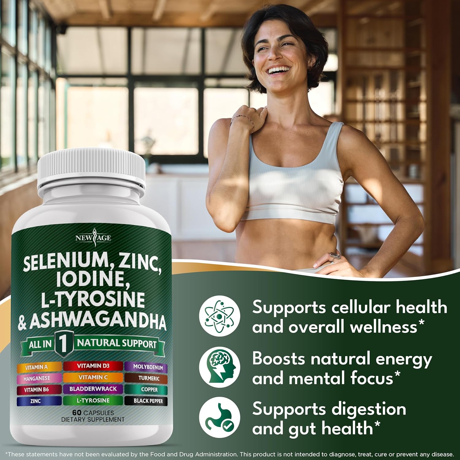 Selenium, Zinc, Iodine, L Tyrosine, Ashwagandha - Thyroid Support Supplement for Women and Men with Bladderwrack, Turmeric, Silica Kelp, Schisandra - 60 Count (Pack of 3)