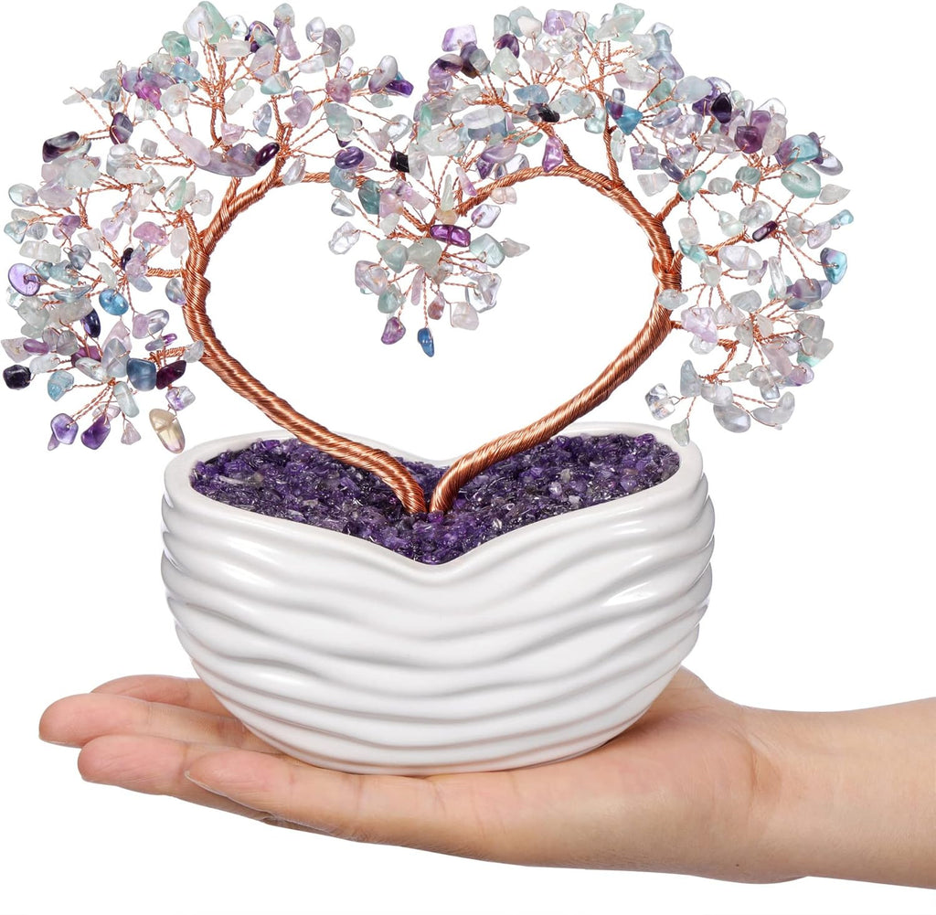 GEHECRST Fluorite Crystal Tree Handmade Healing Crystal Gemstone Heart Stone Bonsai Tree Energy Feng Shui Ornament Crystal Gifts for Mom Mothers Day Women Home Office Desk Decor Christmas