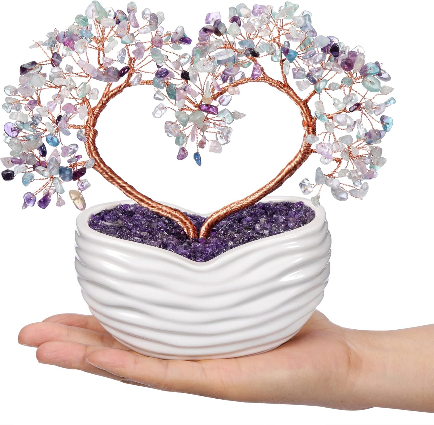 GEHECRST Fluorite Crystal Tree Handmade Healing Crystal Gemstone Heart Stone Bonsai Tree Energy Feng Shui Ornament Crystal Gifts for Mom Mothers Day Women Home Office Desk Decor Christmas