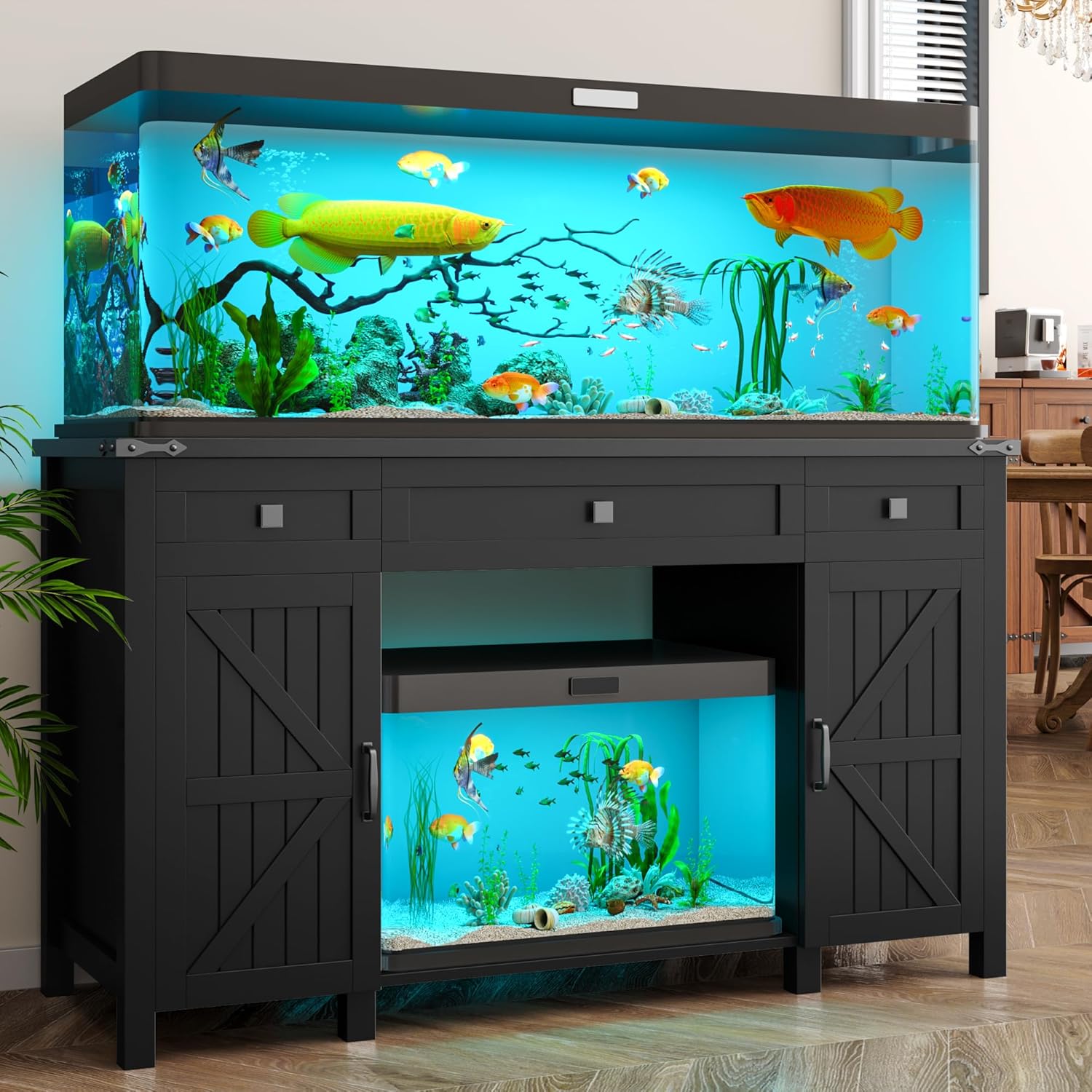 Farmhouse 55-75 Gallon Fish Tank Stand with Power Outlet, Aquarium Stand with 2 Drawers and Adjustable Shelves, Heavy Duty Reptile Tank Stand for 2 Fish Tank/Turtle Tank/Reptile Terrarium