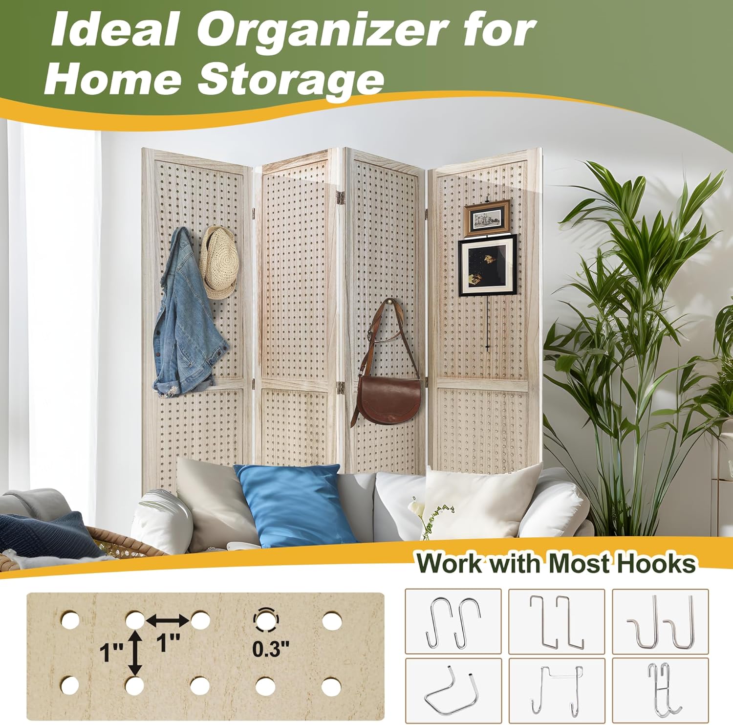 NicBex 6 Panel Pegboard Display,5.6FT Wood PegBoard Room Dividers,Folding Privacy Screens Portable Freestanding Display Board for Craft/Art Shows,Room Separation,Natural Wood