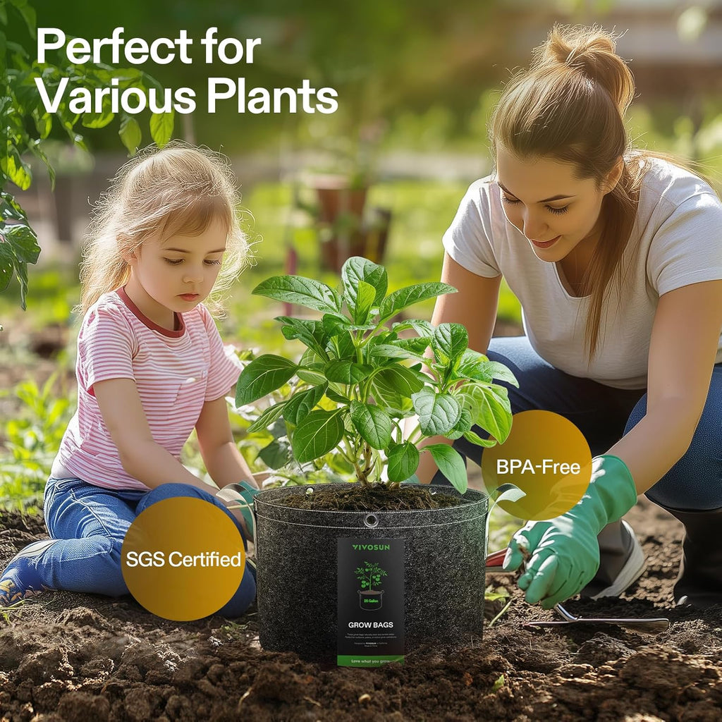 VIVOSUN 5-Pack 25 Gallon Grow Bags, 500G Thick Nonwoven Fabric Pots with Strap Handles, Multi-Purpose Rings, for Low Stress Plant Training Fruits, Vegetables, and Flowers