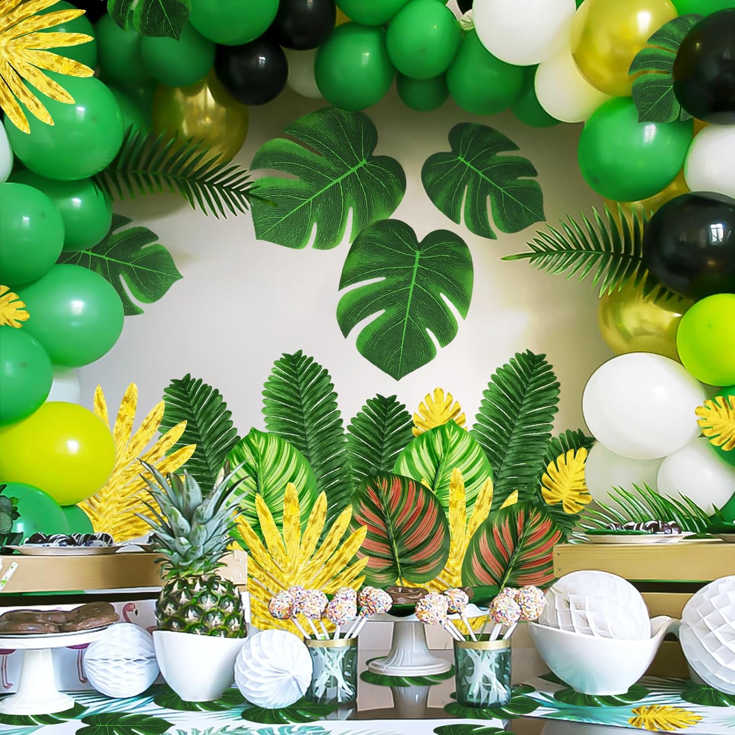 Jungle Party Decorations, 50 Pieces 8 Kinds Palm Leaves Artificial Tropical Monstera, Jungle Leaf with Stem for Jungle Hawaiian Luau Party Table Decoration Wedding Birthday, Green and Gold